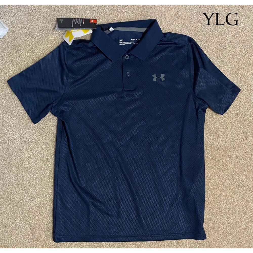 Under Armour Boys Polo Shirt Navy Blue Textured HeatGear NWT YLG